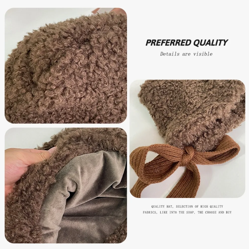 Retro Thickened Ear Protective Hat Windproof Keep Warm Lamb Wool Cap Balaclava Solid Color Women Lei Feng Hat Girls