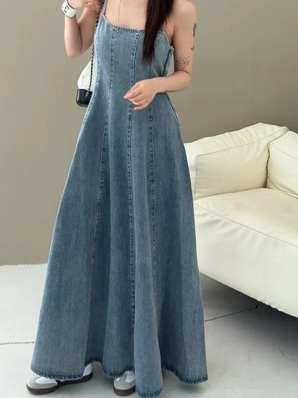 Retro Style Backless Denim Halter Dress Women's Summer New Design Waist Cinching Slimming Long Skirt Korean Style Midi Dress