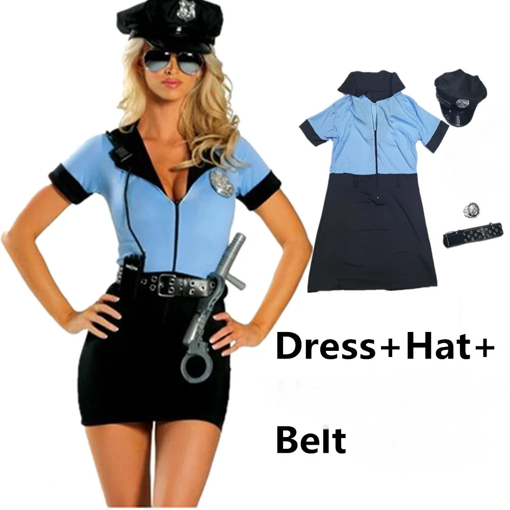 Halloween Cosplay Black Blue Sexy Cop Officer Outfit Policewoman Costume Suit Uniform For Adult Women Police Fancy Dress