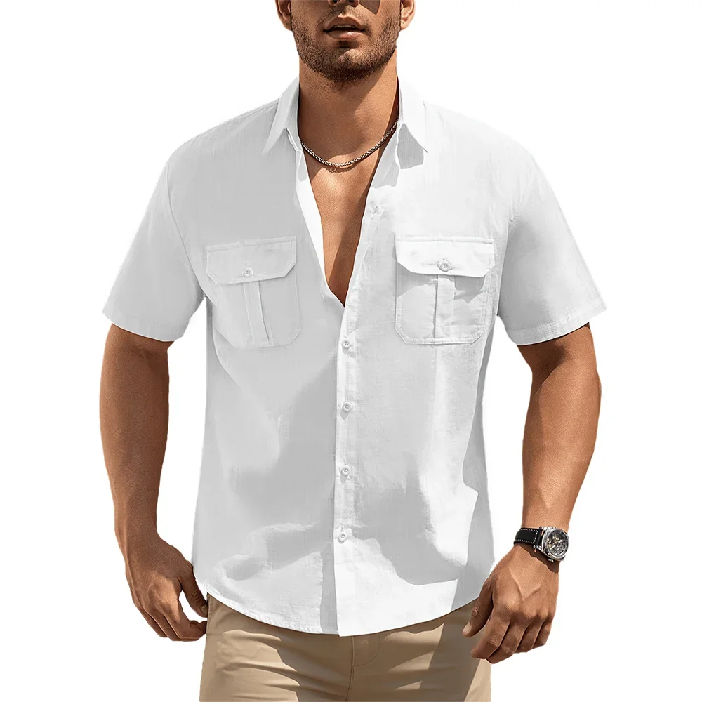 Cotton Linen Short Sleeve Shirts for Men Solid Color Double Pocket Single Breasted Lightweight Breathable Stylish Male Tops