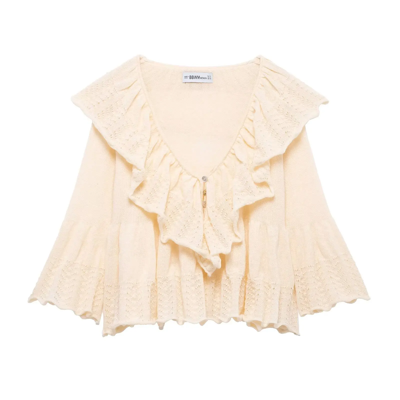 

Zevity 2025, женская модная вязаная блузка с v-образным вырезом, вязаная крючком, женская шикарная рубашка со складками и оборками на пуговицах, Blusas Tops LS9136