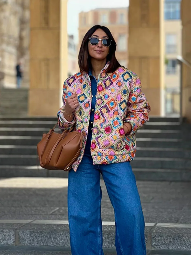 Abrigo de algodón con estampado Vintage para mujer, chaqueta acolchada de un solo pecho con cuello levantado, abrigo de calle alto con frente abierto, novedad de 2024