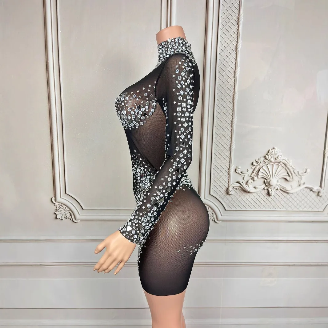 코스튬 나이트클럽 바 풀 다이아몬드 메쉬 긴팔 짧은 스커트 여성 가수 모델 걸 그룹 웨딩 파티 드레스