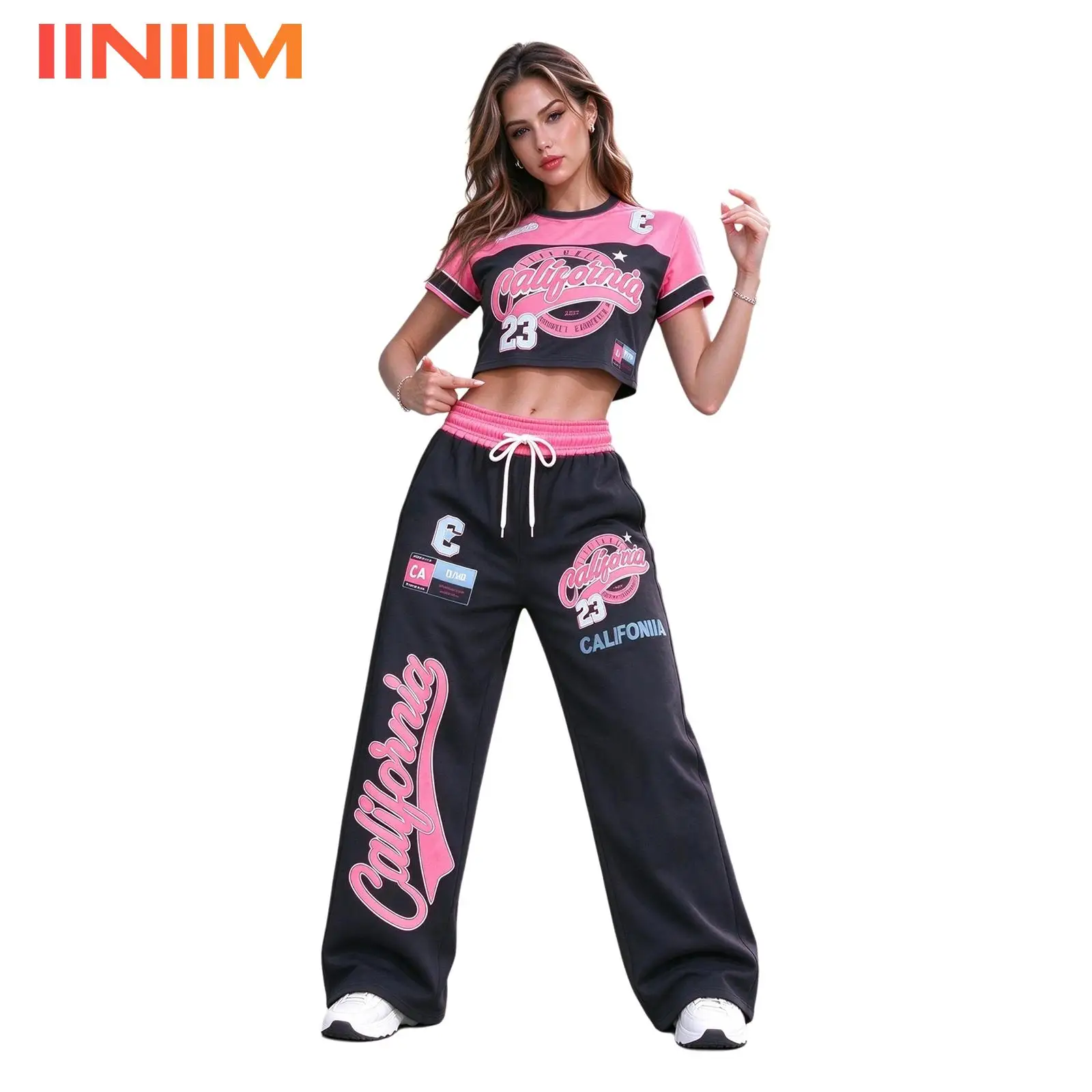 Women Hip Hop Dance Outfit 2 Piece Set California Print Crop Top Wide Leg Pants Street Jazz Dance Costume Streetwear Tracksuit