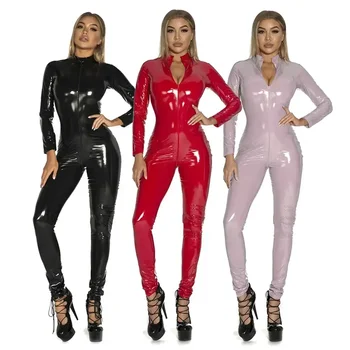 Sexy brilhante patente látex bodysuit feminino sexy látex catsuit preto wetlook completo bodysuit pvc clubwear traje de couro falso