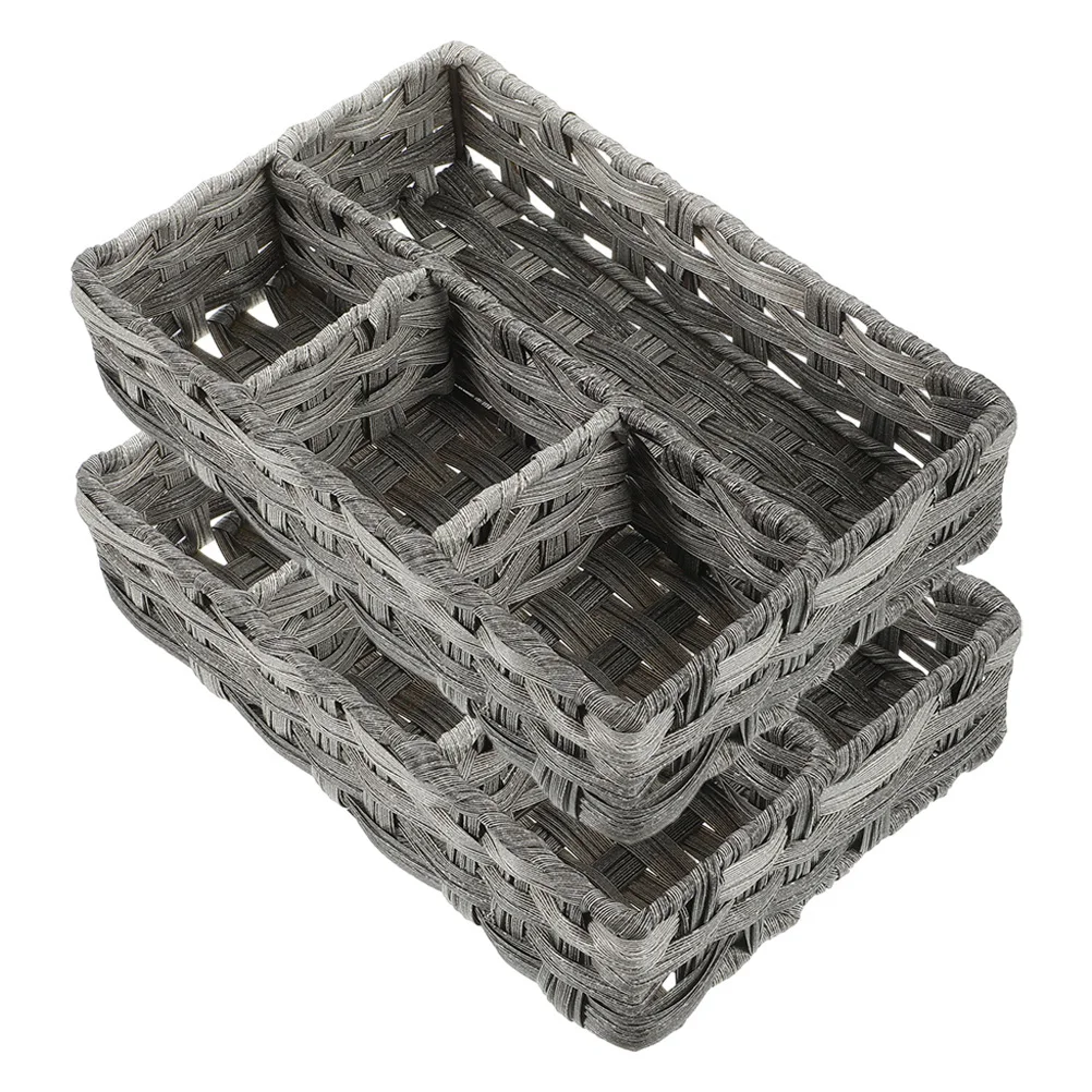 

2Pcs Compartments Woven Basket Sturdy Material Large Capacity Makeup Organizer Storage Baskets Sundries Container Home