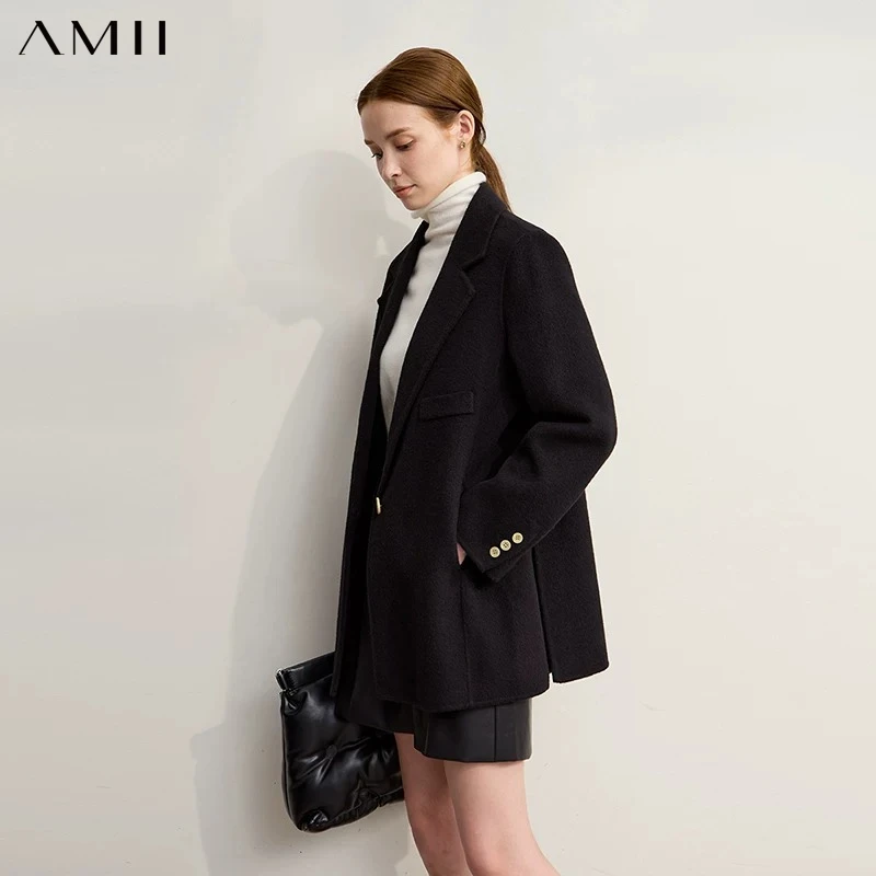 AMII Minimalist Old Money Woolen Coat for Women 2026 Winter Slit Blazer Collar Medium Long Double-sided Tweed Jacket 72324001