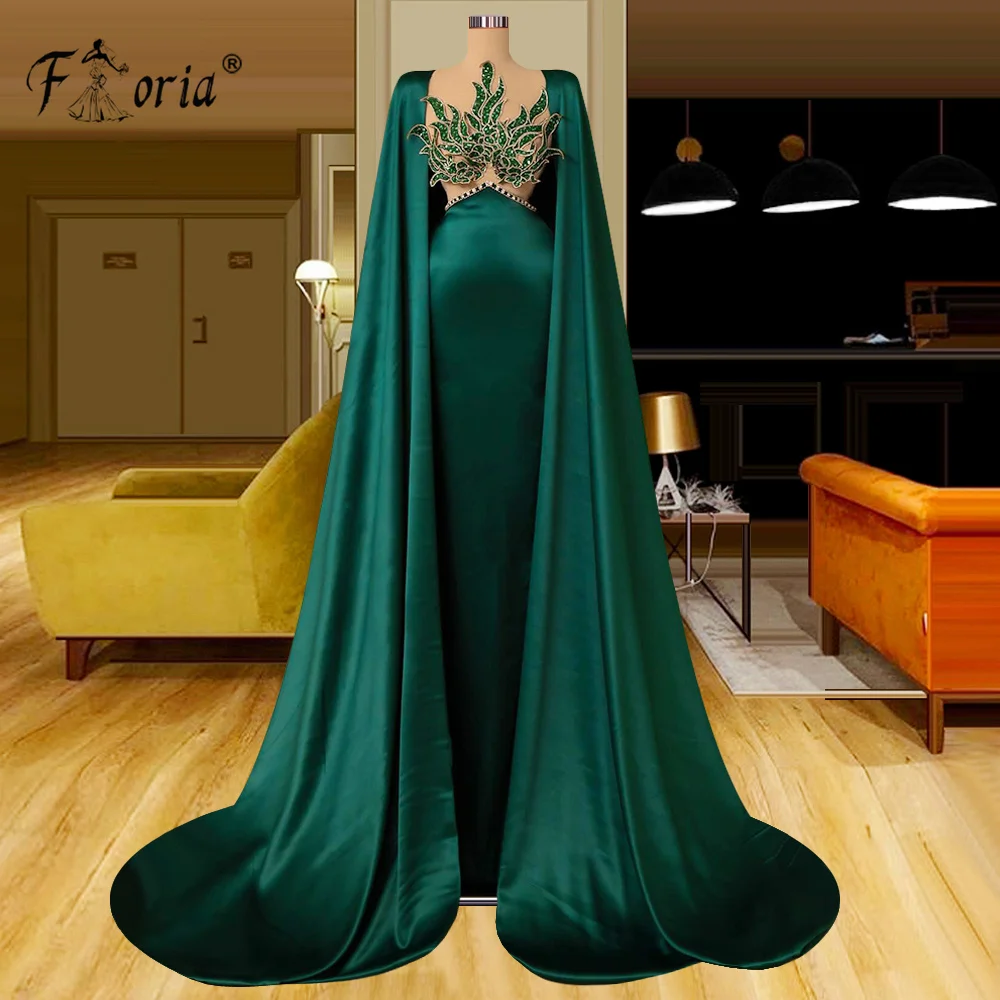 Long Cape Dark Green Mermaid Formal Evening Dresses Crystal Beaded Sheer Vintage Style Satin Wedding Party Gowns robes de soirée