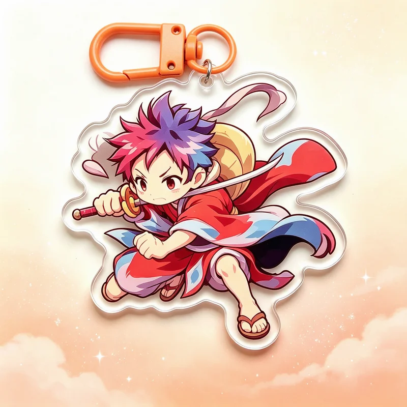 Cute Chibi Japanese Anime Boy Acrylic Keychain Samurai Warrior Horn Demon Fire Cape Katana Character Pendant Red Orange Buckle C