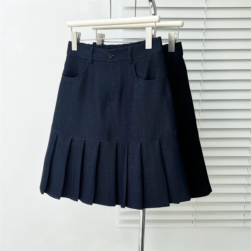 

Sweet Women's Short Skirt Summer New Versatile Age Reducing Button Pockets Solid Denim Thin Loose High Waisted Pleated Skirt