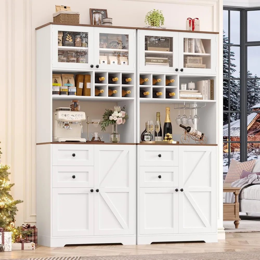 خزانة بار القهوة بطول 75 بوصة مع خزانة، وخزانة تخزين مخزن المطبخ مع باب الحظيرة ودرجين، ورف النبيذ والنظارات، #3