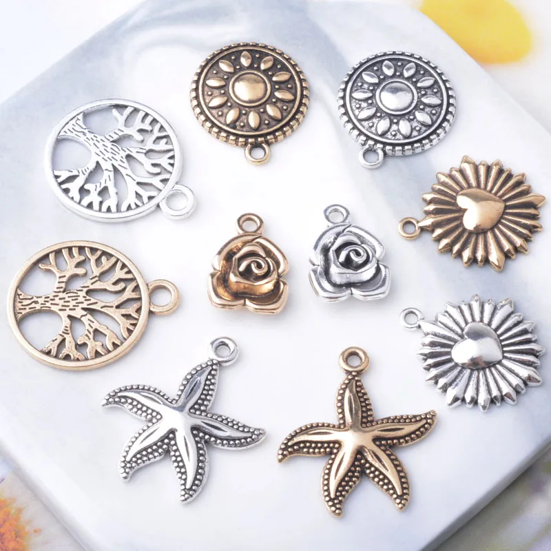 10 Stück/Set Ethnische Zinklegierung Baum des Lebens Anhänger Schmuckzubehör Boho Rose Seestern Anhänger DIY Damenohrringe – Detail 3