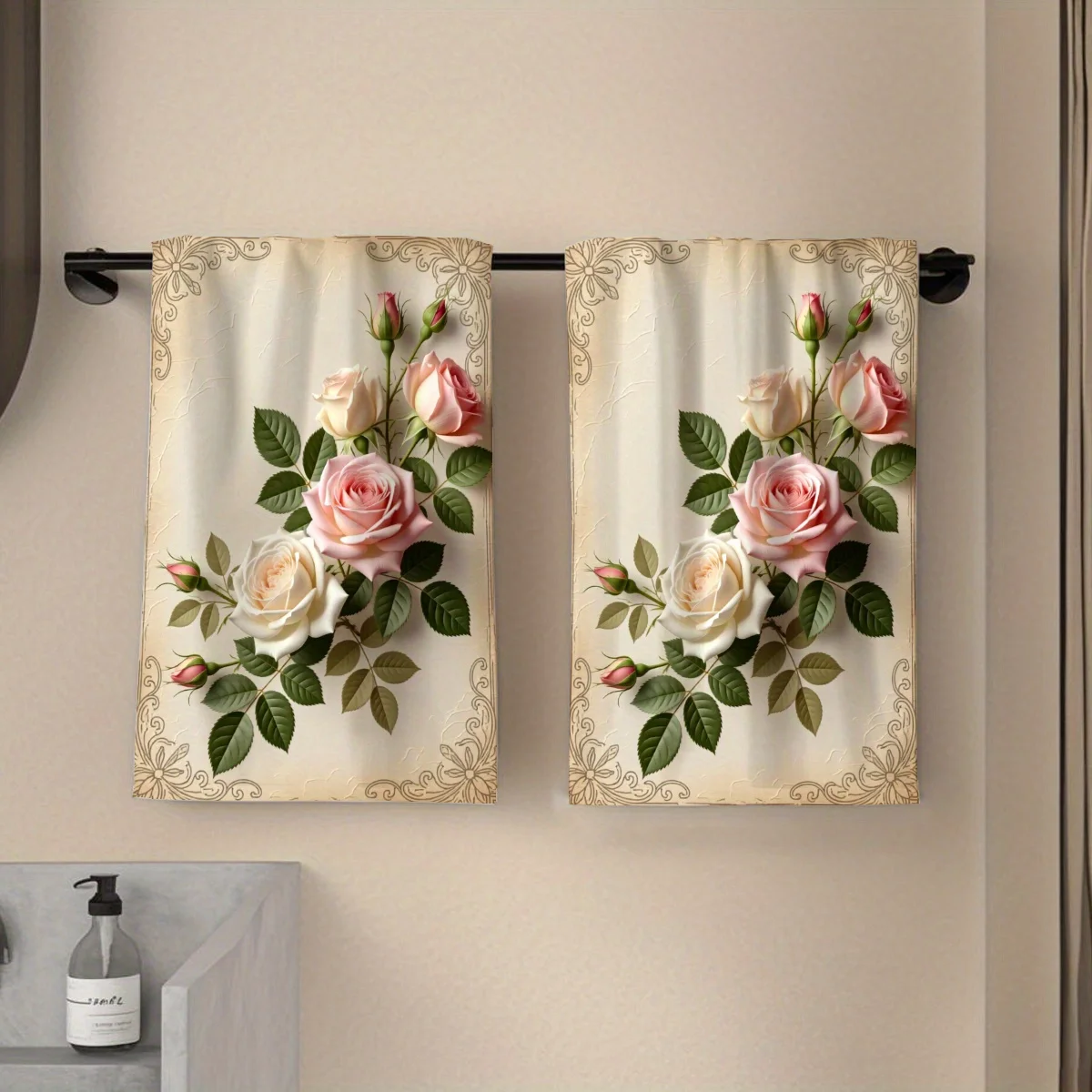 Pack of 2, towel, single-sided print, rectangle, oil painting style rose 2D pattern, suitable for sports competitions, stadiums