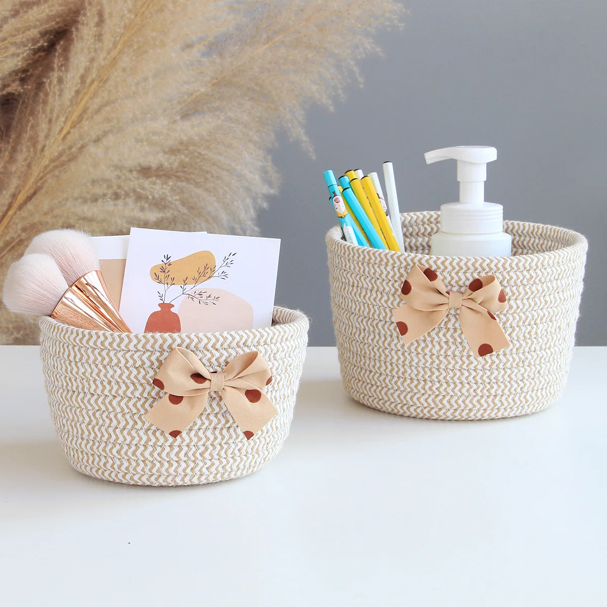 Bowknot Storage Baskets Desktop Cotton Rope Weaving Sundries Baby Toy Dirty Clothes Household Cases Small Organizer Boxes