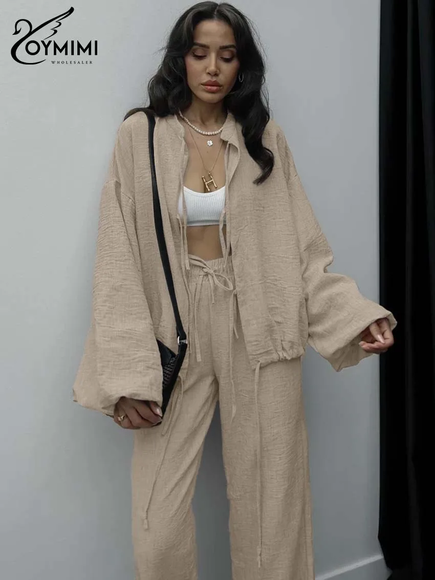 Oymimi Elegant Grey 2 Pieces Set For Woman Casual O-Neck Long Sleeve Lace-Up Shirts And Simple Drawstring Straight Trousers Sets