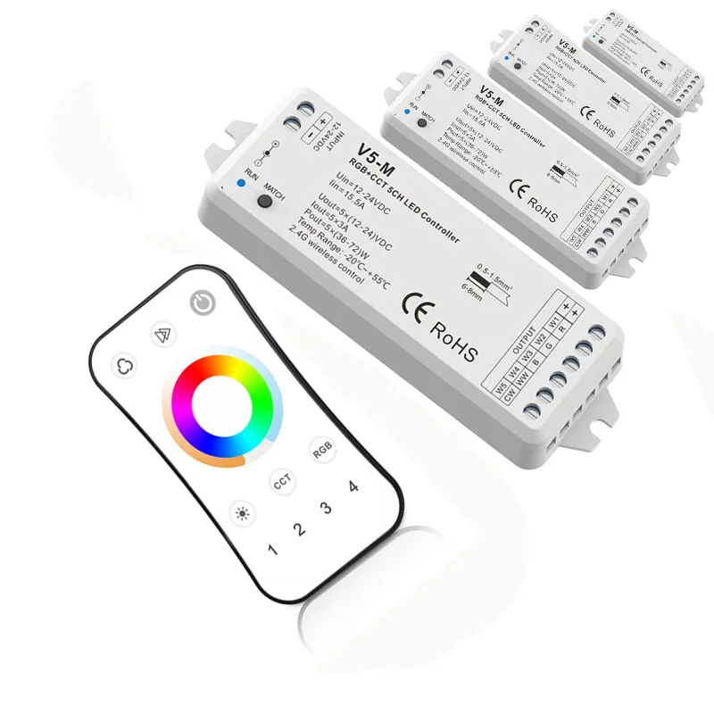 Led RGBCCT Strip Controller 2.4G RF Remote Wireless 4A 5 Channel Output DC12V-24V 4 Zones RGB CCT String Ribbon Control Use