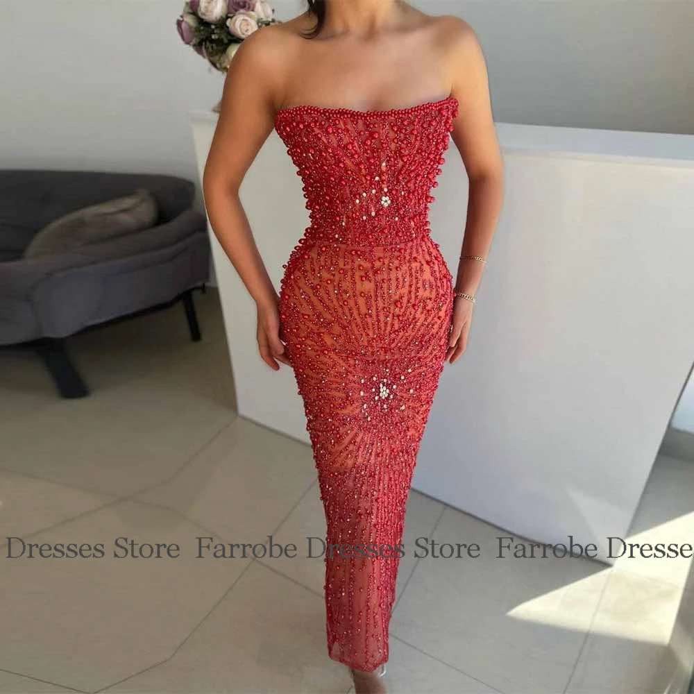 Glitz and Glam Women\'s Evening Ball Gowns Organza Sheath/Column Prom Dress Burgundy Strapless Pearls Valentine\'s Day Dress Midi