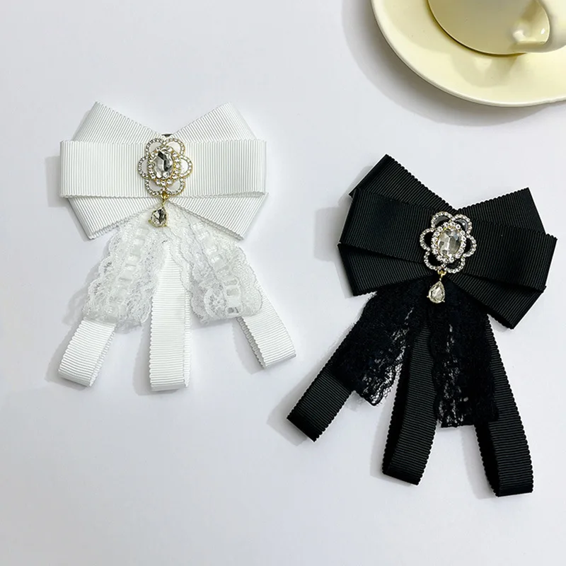 

Korean Lace Ribbon Bow Tie Brooch Handmade Jewelry Gifts for Women Fashion Suit Shirt Accessories Rhinestones Collar Flower Pins