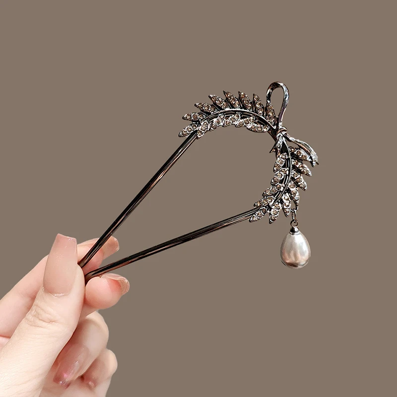 High-end Pearl Rhinestone Wheat Hairpin Women Ancient Style U-shaped Hair Clasp Back Head Hair Sticks Versatile Hair Accessories