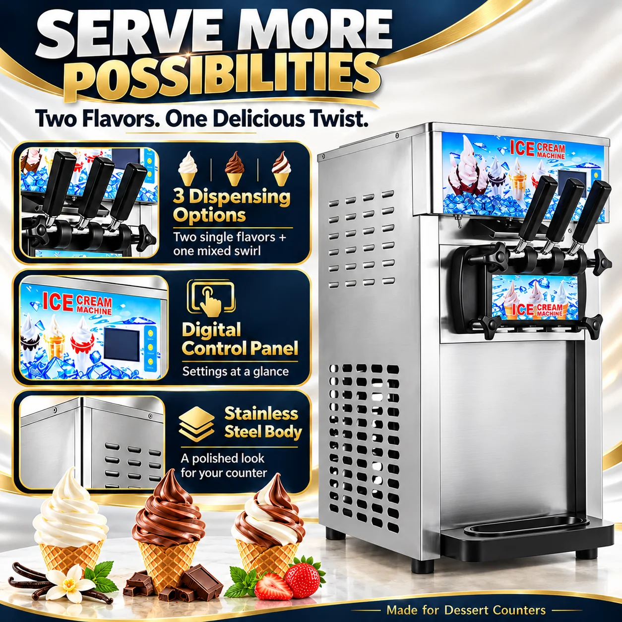 SIHAO 3-Flavor Countertop Commercial Soft Serve Ice Cream Maker, 18L/H Production, 1200W Powerful Compressor, Stainless Steel, LCD Control & One-Touch Self-Cleaning, Multi-use Frozen Yogurt Machine for Café, Food Truck & Snack Bar