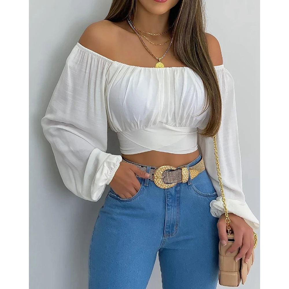 

Spring Summer Casual Shirt for Women Ruched Fold Sexy Off Shoulder Crop Top Lantern Sleeve Lolita Blouse Casual y2k Tops Femme