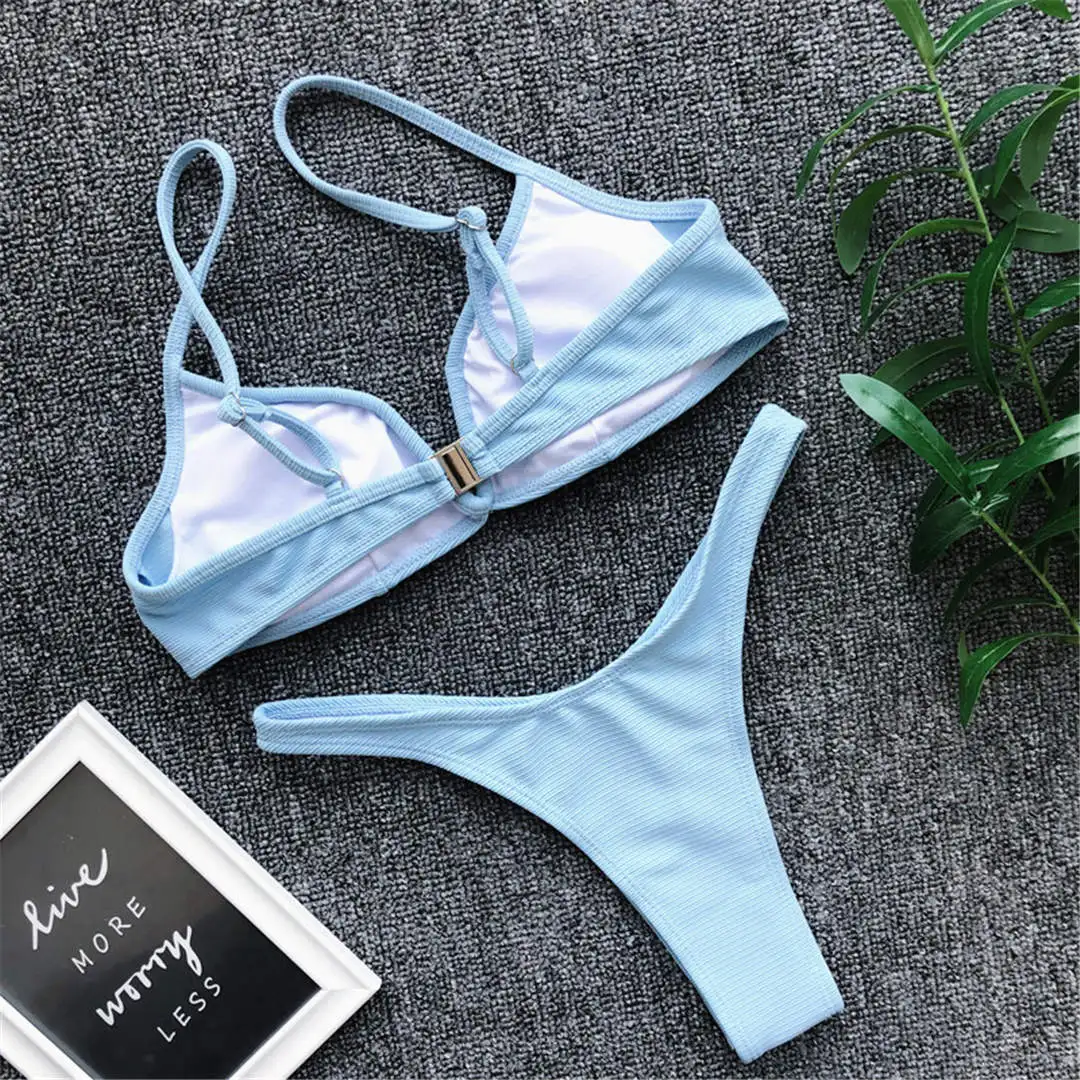 5 Farben, sexy, gerippter Tanga-Bikini, V-Form, Damen-Badebekleidung, zweiteiliges Bikini-Set, hoch geschnittener Badeanzug, V1335 – Detail 25