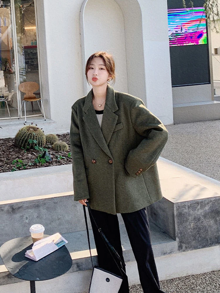 Zoki Streetwear Retro Women Faux Woolen Blazer Coat Harajuku Simple Solid Jacket Casual Korean Long Sleeve All Match Outwear