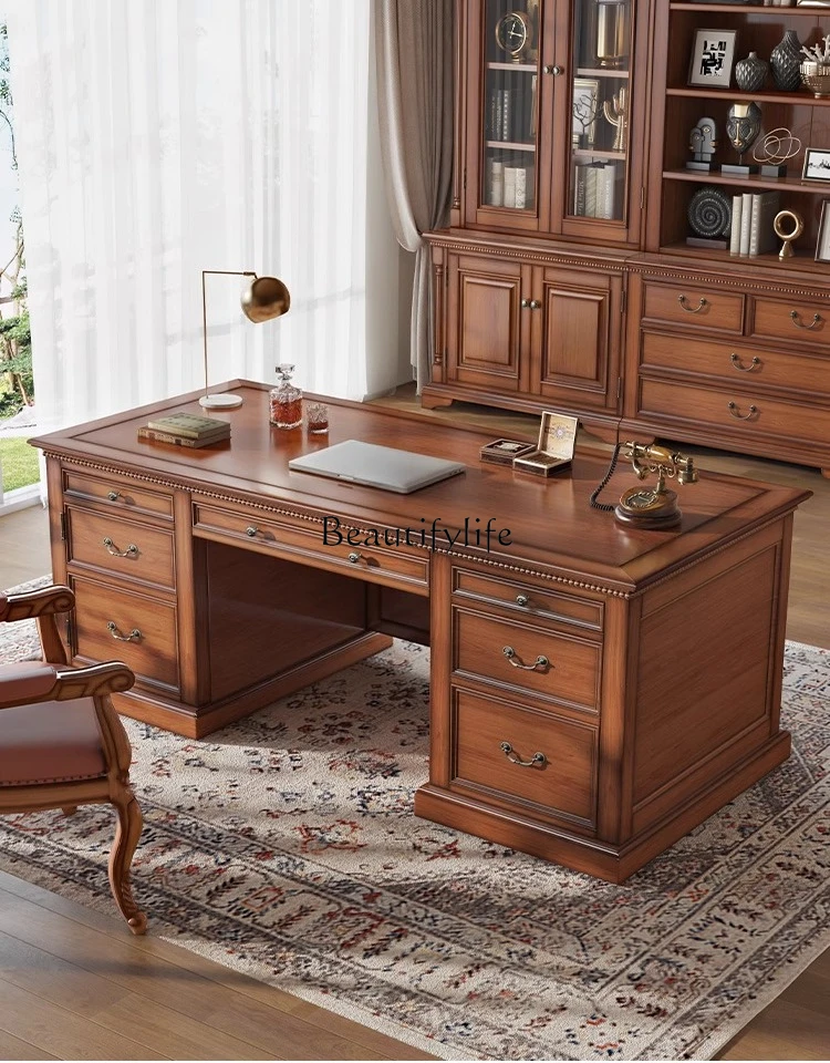 4*American all-solid wood log household five-drawer boss table desk writing desk furniture