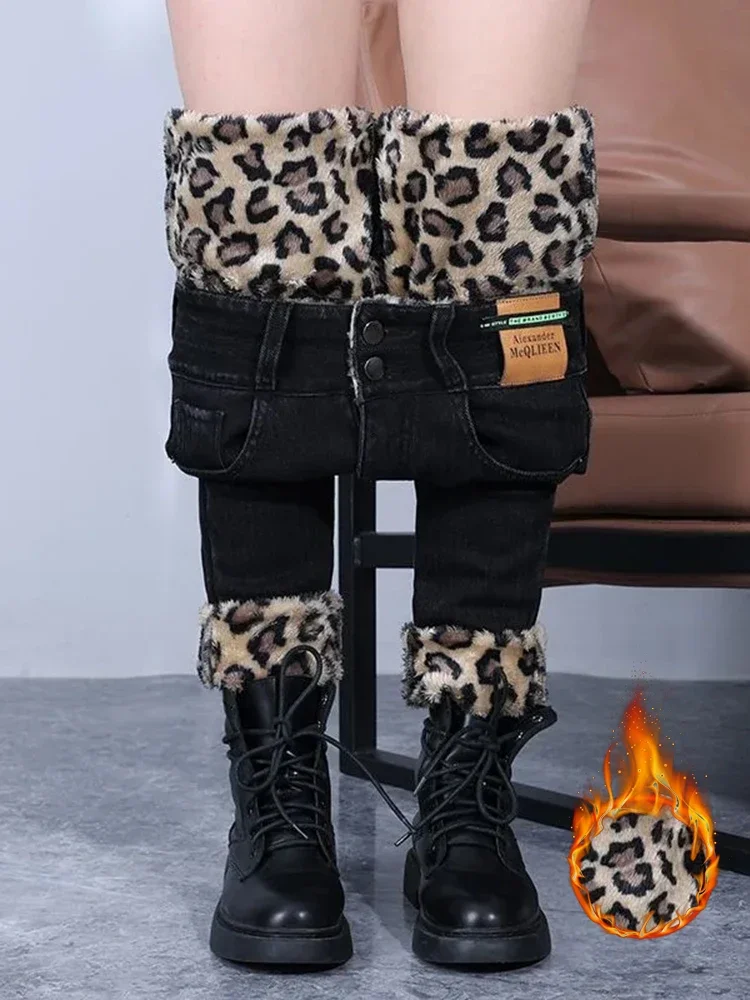 

High Waist Leopard Plush Lined Ankle Length Denim Pants Korean Fashion Double Button Streetwear Stretch Pencil Jeans Warm LJ332