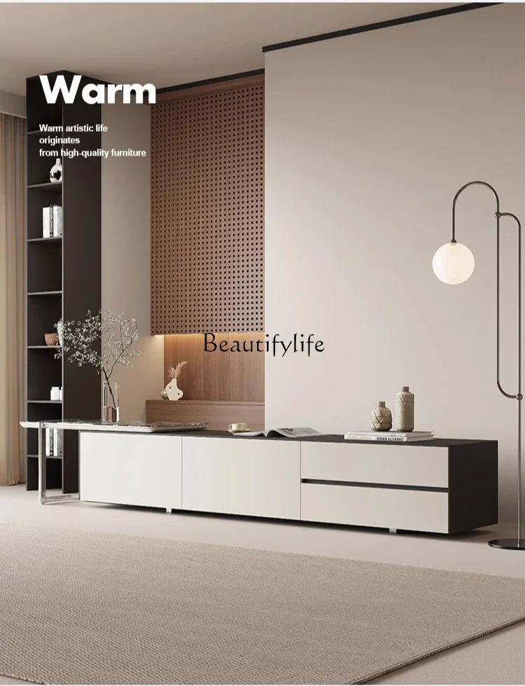

yj21 Wabi-Sabi Style Telescopic TV Cabinet Modern Minimalist Living Room High-End Super Stone Crystal Wood Grain Floor Cabinet