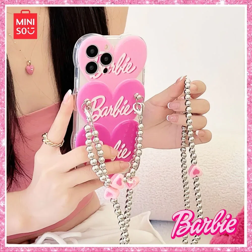 2024 Miniso Barbie Pink Cartoon Anime Skew Cross Chain Soft Case Iphone13/14/13 Pro Case Kawaii Girls Birthday Christmas Gift