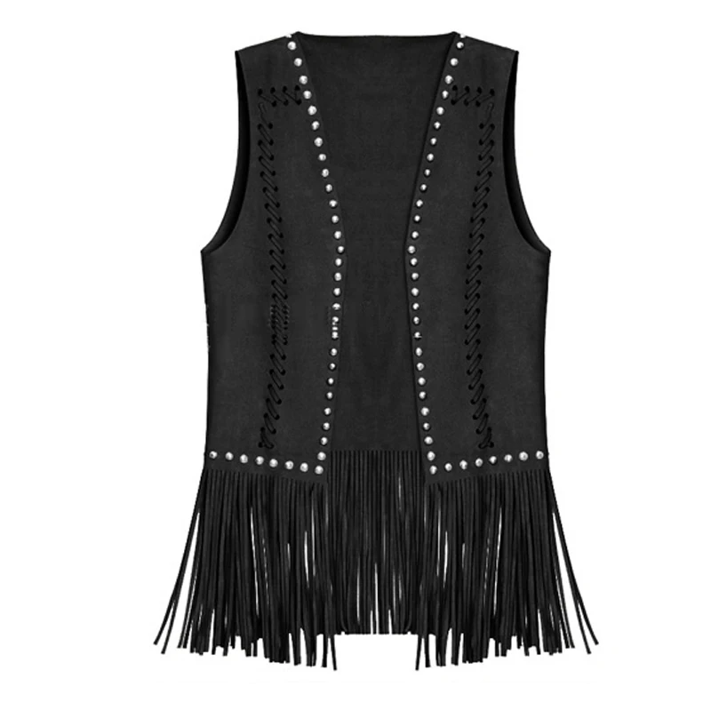 Suedette V-Neck Front-Open Fringe Sleeveless Cardigan Short Hollow Gilet Vest with Rivets for Ladies Dropshipping