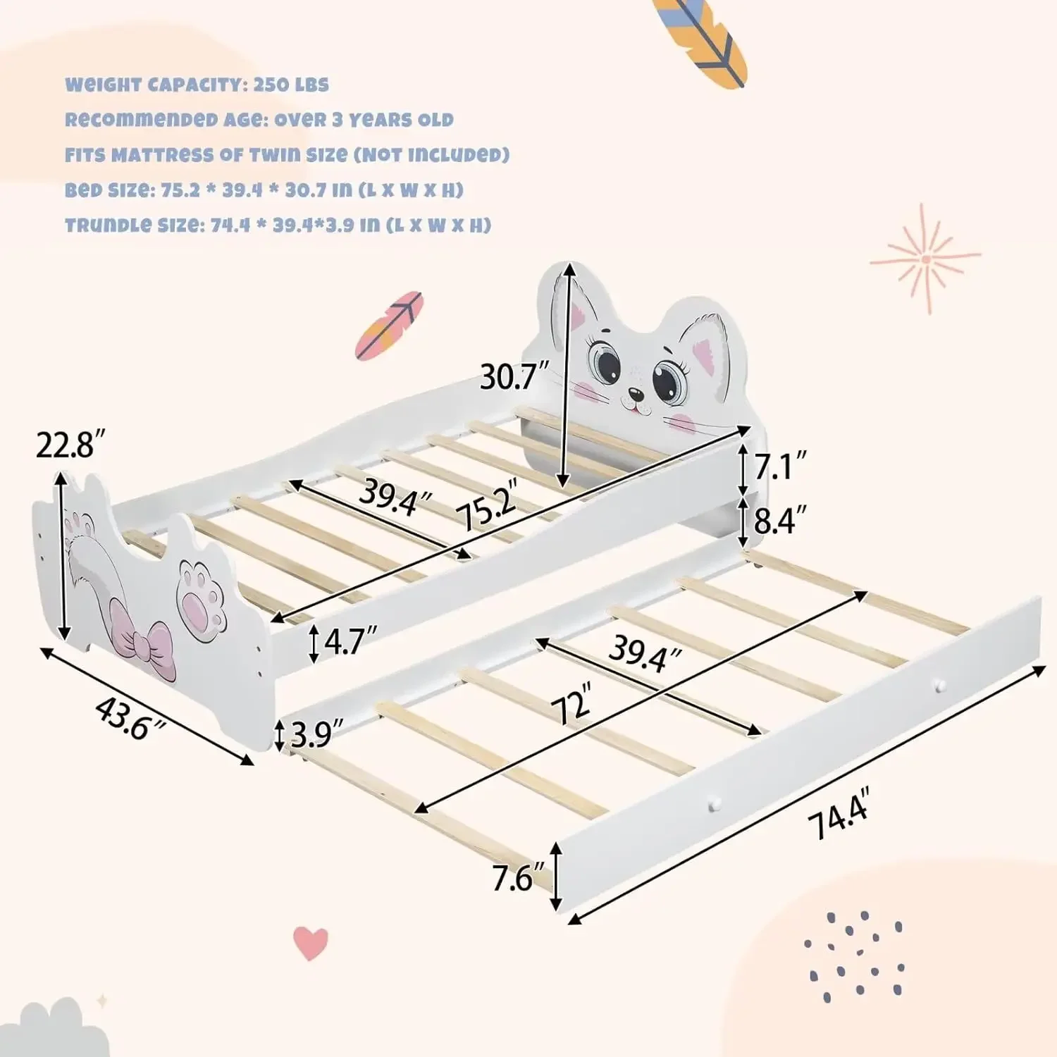 Twin Size Children Cat-Shaped Platform Bed with Trundle, Wooden , No Box Spring Needed, White