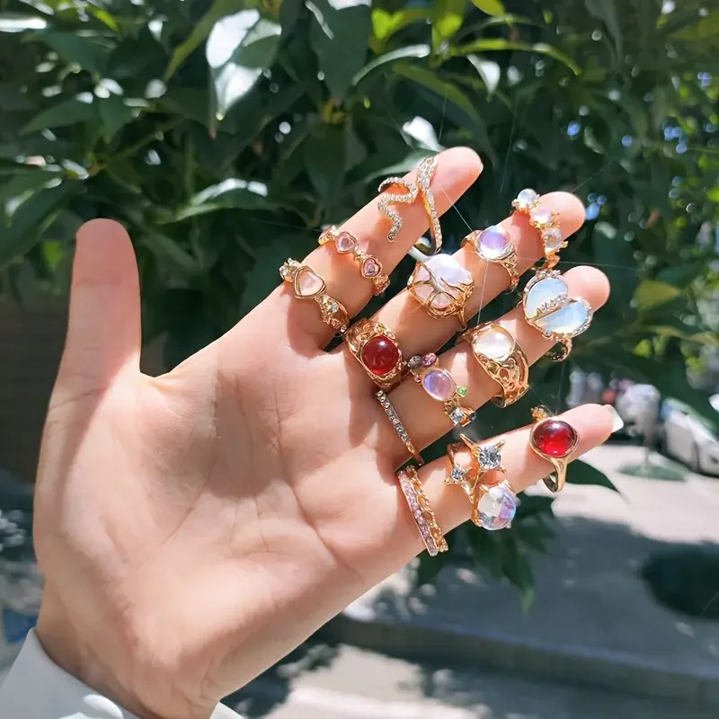 10/17 قطعة موضة القلب و القط العين أوبال خاتم مجموعة للنساء مزيج نمط مفتوح الضابط مجوهرات يومية هدايا الحفلات