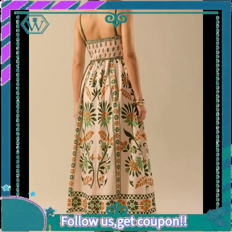 A09P Womens 2025 Summer Floral Maxi Dress Sleeveless Spaghetti Strap Printed Smocked Boho Beach Long Dress