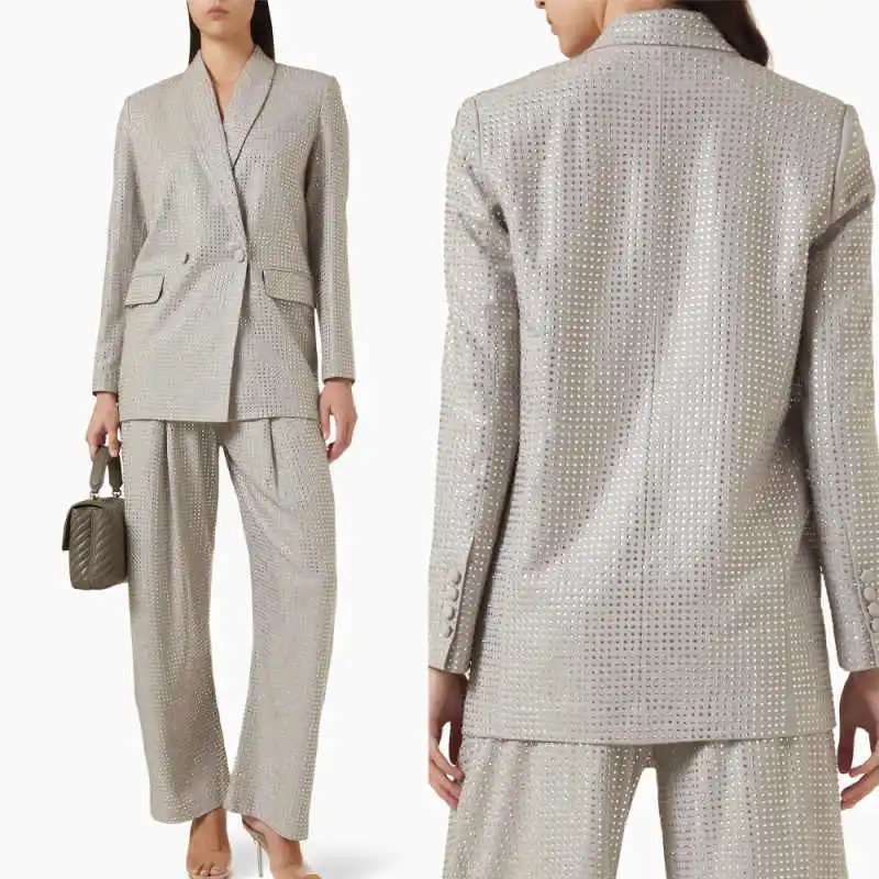 

Gorgeous Rhinestone Women's Suit 2 Piece Jacket Pants Crystal Double Breasted Formal Occasion Daily Party Banquet Customized