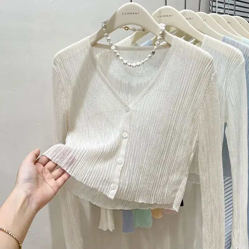 Thin Knit Ice Silk Cardigan Women Long Sleeved Summer Outerwear Short Shirt Sun Protection Shawl V-neck Solid Color Leisure Tops