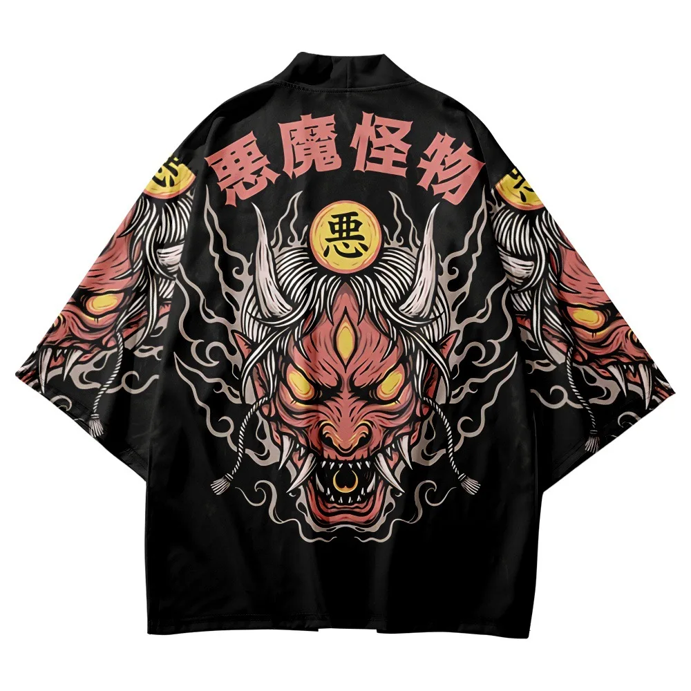 

Japanese Black Demon Print Cardigan Women Men Cosplay Yukata Clothing Harajuku Kimono And Shorts Set