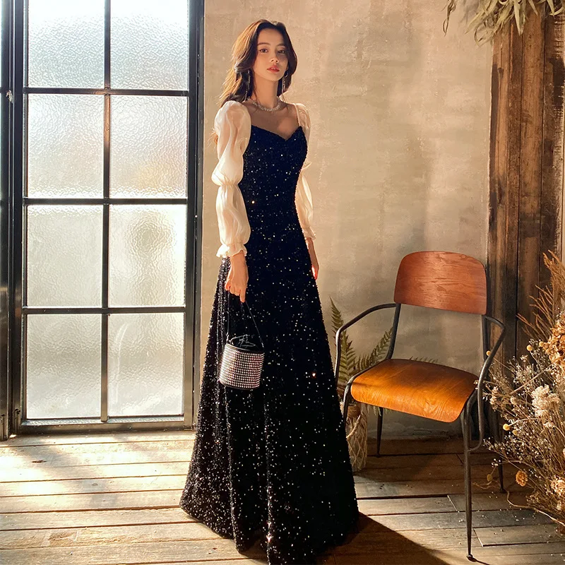 

Shiny Sequin Evening Dresses With Long Sleeve New Simple Floor-length Vestido De Noche Fashion Black Suknie Wieczorowe