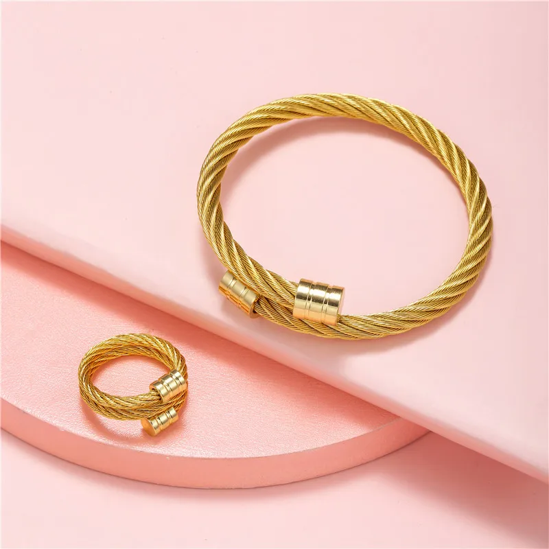 Trendy 316L Stainless Steel Couple Accessories Titanium Steel Wire Rope Bracelet Ring Set Open Ladies Jewelry Set