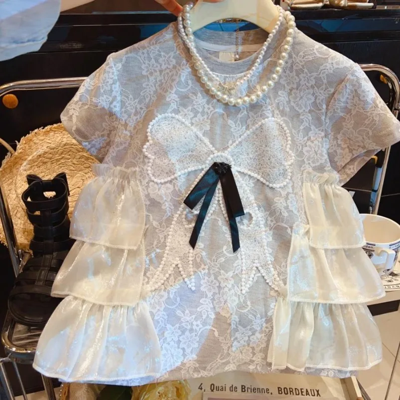 

Girls Bowknot Short-sleeved T-shirt Children's White Lace Butterfly Pullover 2025 New Summer Princess Dress Trendy Casual Style