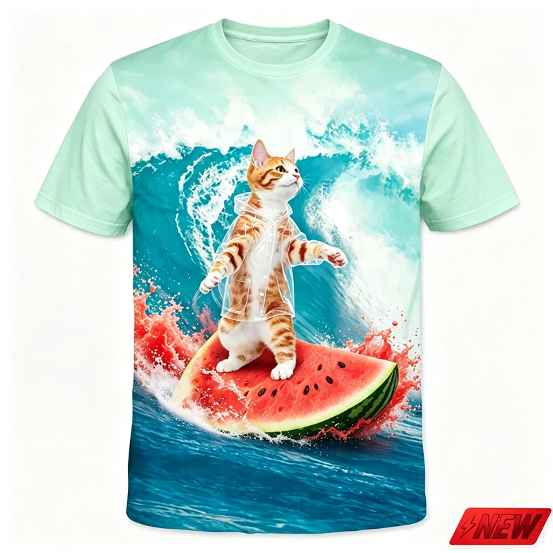 Cute Ginger Cat Surfing Pattern T-shirt Men 3D Printed Watermelon Waves Summer Graphic Street Casual Short Sleeve Unisex Top