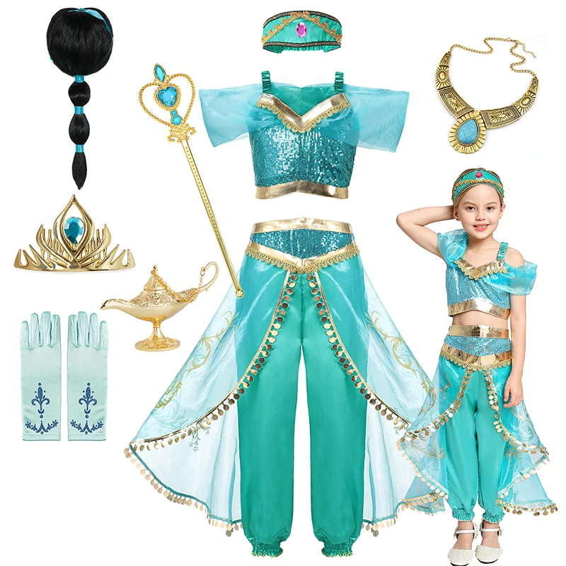 Disney Jasmine Princess Magic Lamp Pants Set  Girls Cosplay Jasmine Costume Aladdin Princess Dress Fancy Birthday Party Dresses