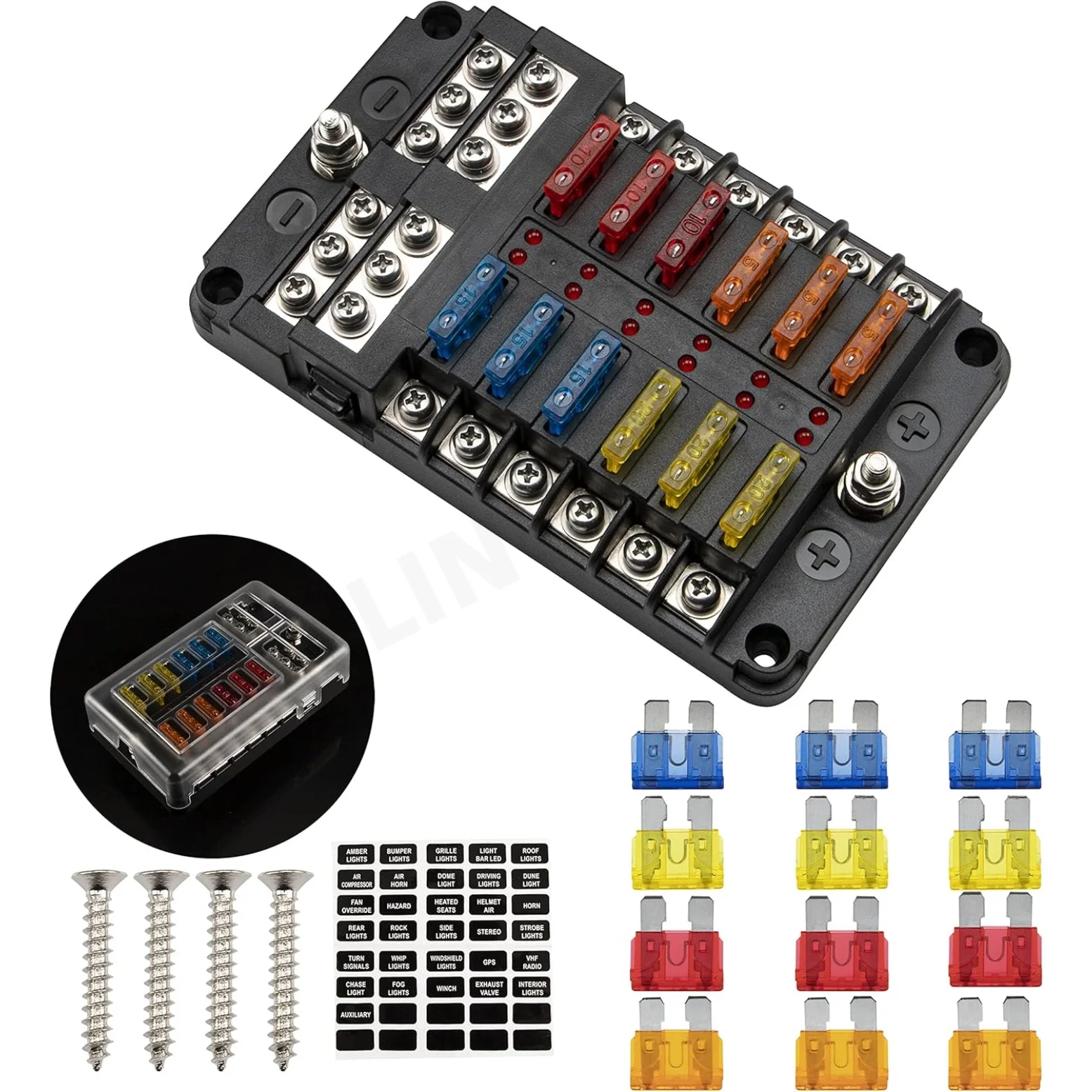 12 Way Fuse Box Holder with LED Indicator and Negative Bus Bar Waterproof Fuse Block for Boat Car Van Caravan