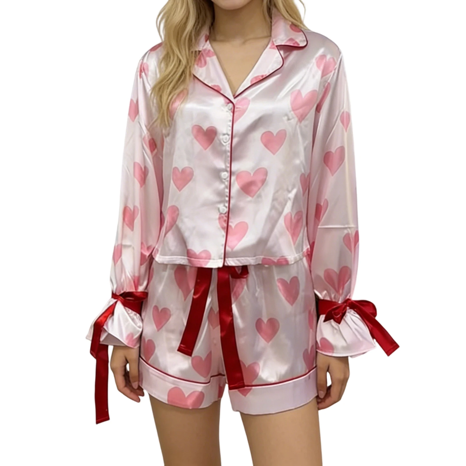 

Женский пижамный комплект ко Дню святого Валентина: топ с длинными рукавами и пуговицами в форме сердца и шорты, комплект из 2 предметов для сна