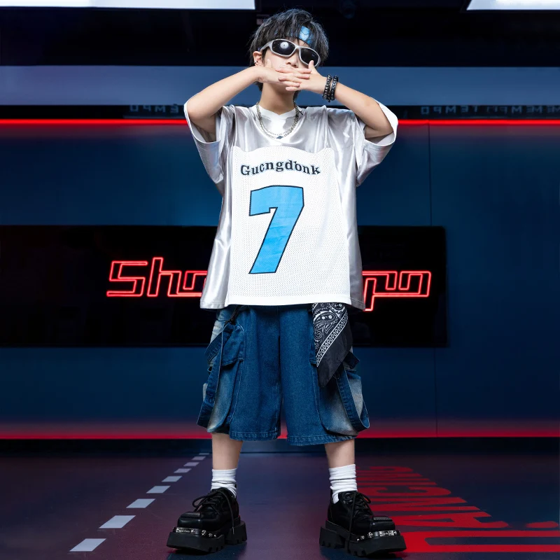 I bambini mostrano costumi Ragazzi Hip Hop Numeri T-shirt Ballo di strada Pantaloni larghi lucidi Ragazze Cool Streetwear Bambini Set di vestiti jazz