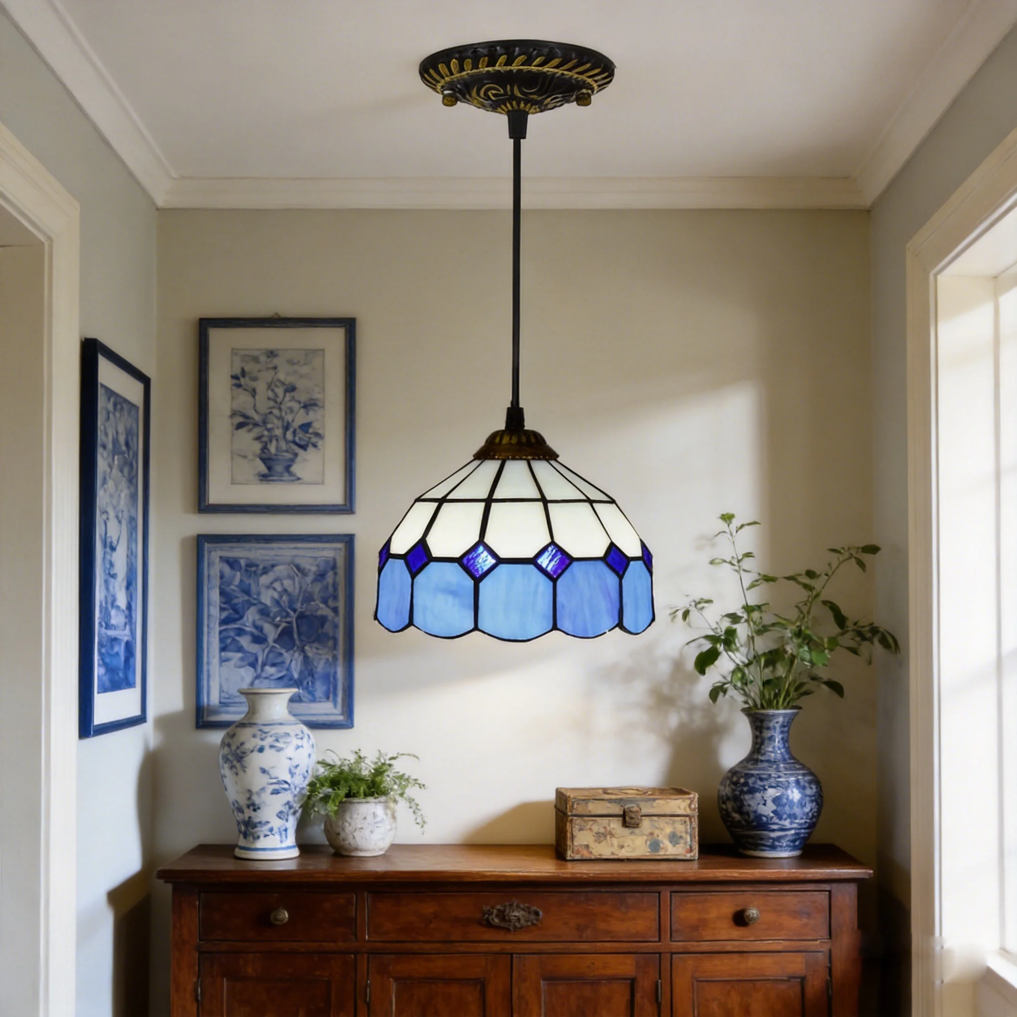 Lampe suspendue Tiffany en verre teinté, 8 pouces de large, bleue, style méditerranéen, pour îlot de cuisine, salle à manger, couloir