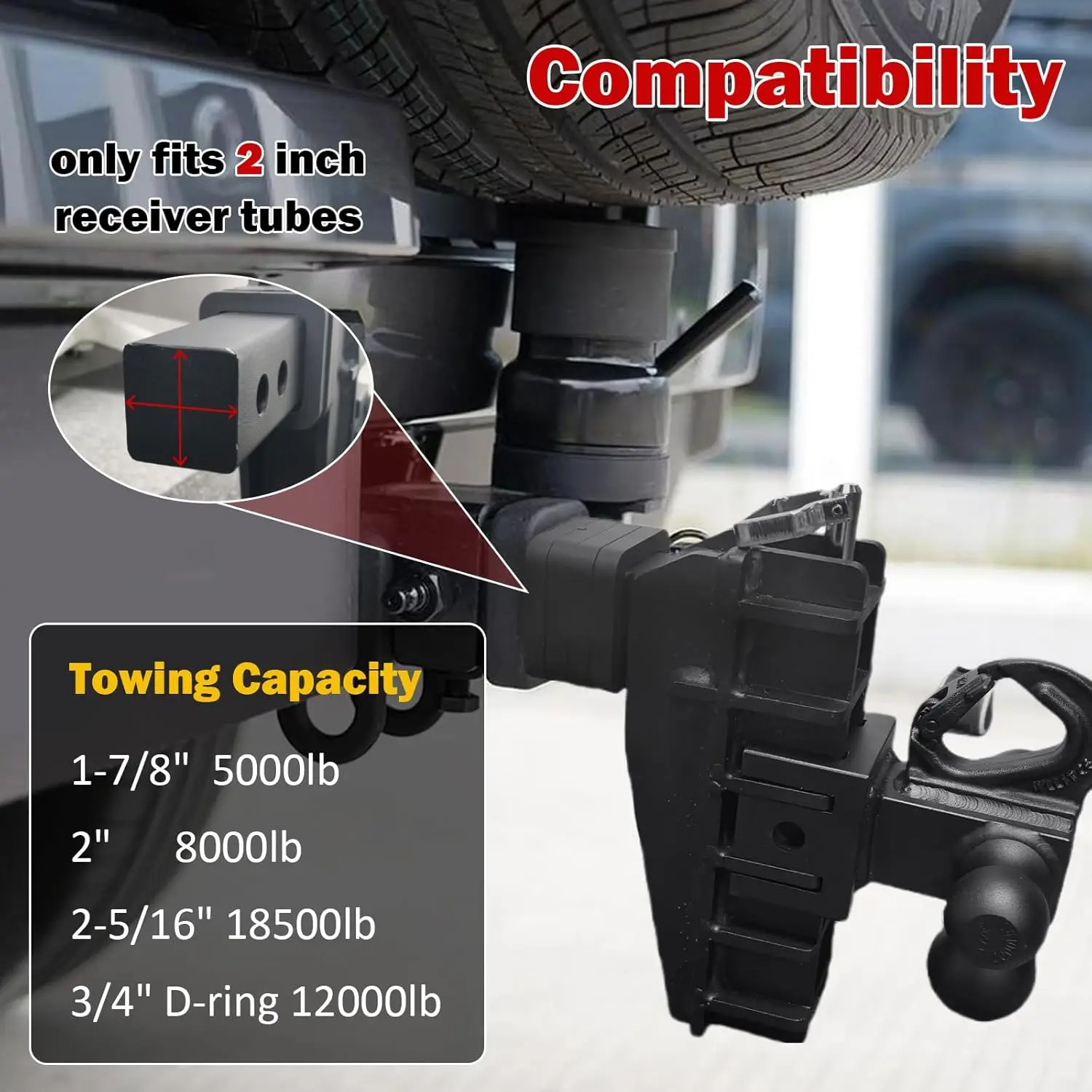 Adjustable Trailer Drop Hitch, Truck Tow Hitch for 2 inch Receiver, Heavy Duty Aluminum Tri Ball with Shackle for Towing, 6