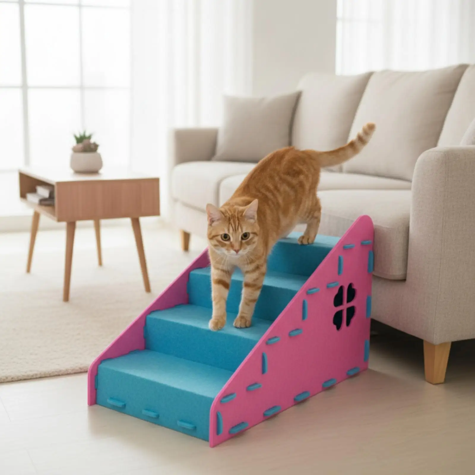 Pet Staircase with Furry Friend House Soft-Padded Dog Ramp with Condo Sloped Steps for Small Dogs, Older Pets, Bedside, Living