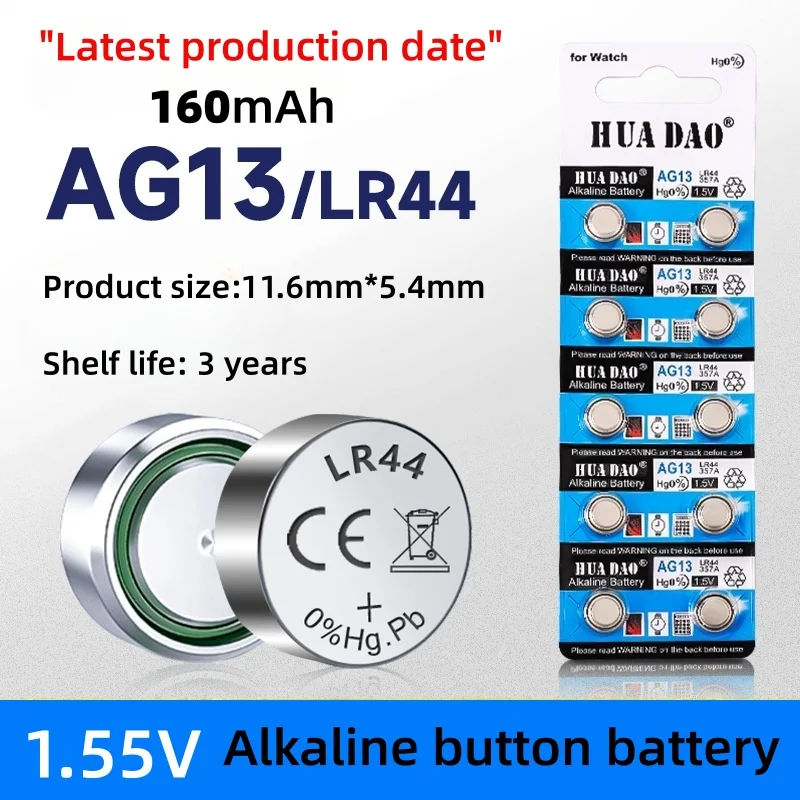 

160mAh 1.55V LR44 AG13 LR1154 Button Battery 357 SR44 RW82 SR1154 Zinc Manganese Button Cell Watch Toys and Electronic Products